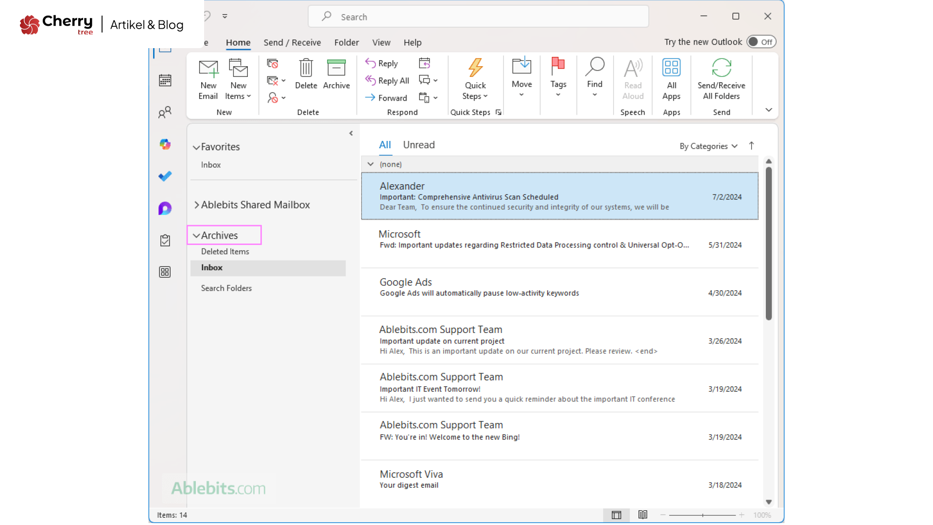 Cara Archive Email Outlook